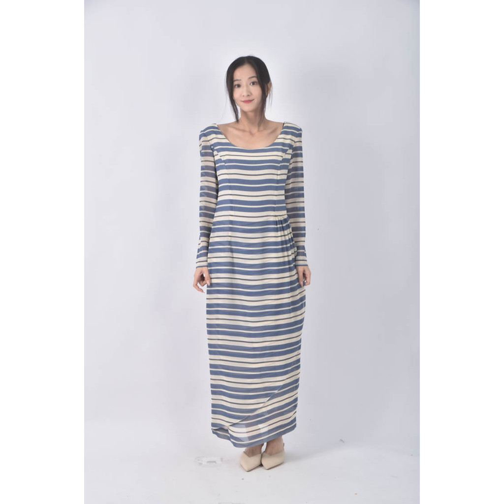 (S) 白線條藍色洋裝二手衣