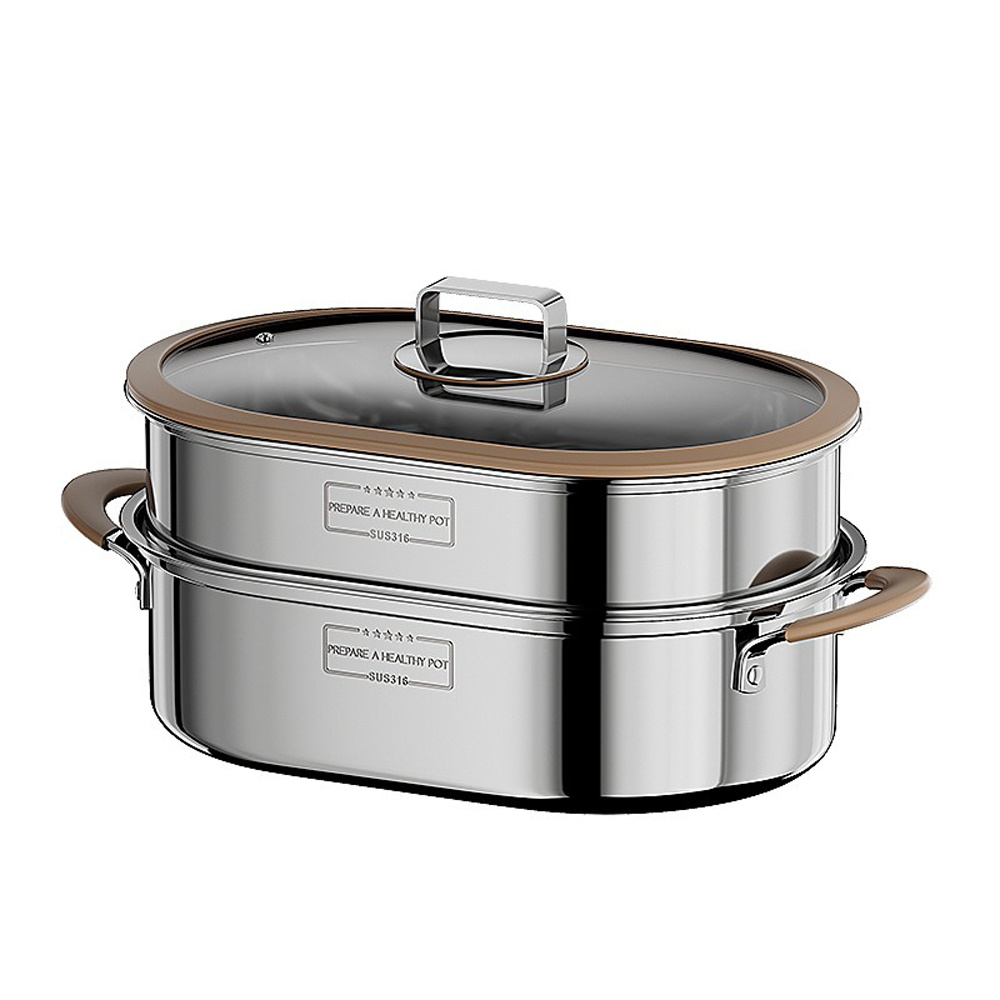 【SV61353】雙層316不鏽鋼蒸魚鍋 清蒸鍋 橢圓魚鍋 大容量蒸鍋 海鮮塔蒸鍋 湯鍋 蒸煮燜燉, , large