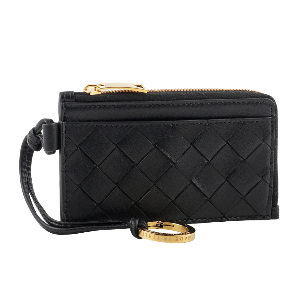 BOTTEGA VENETA L 型金色拉鍊小羊皮編織附鑰匙釦卡包/零錢包/黑色, , large