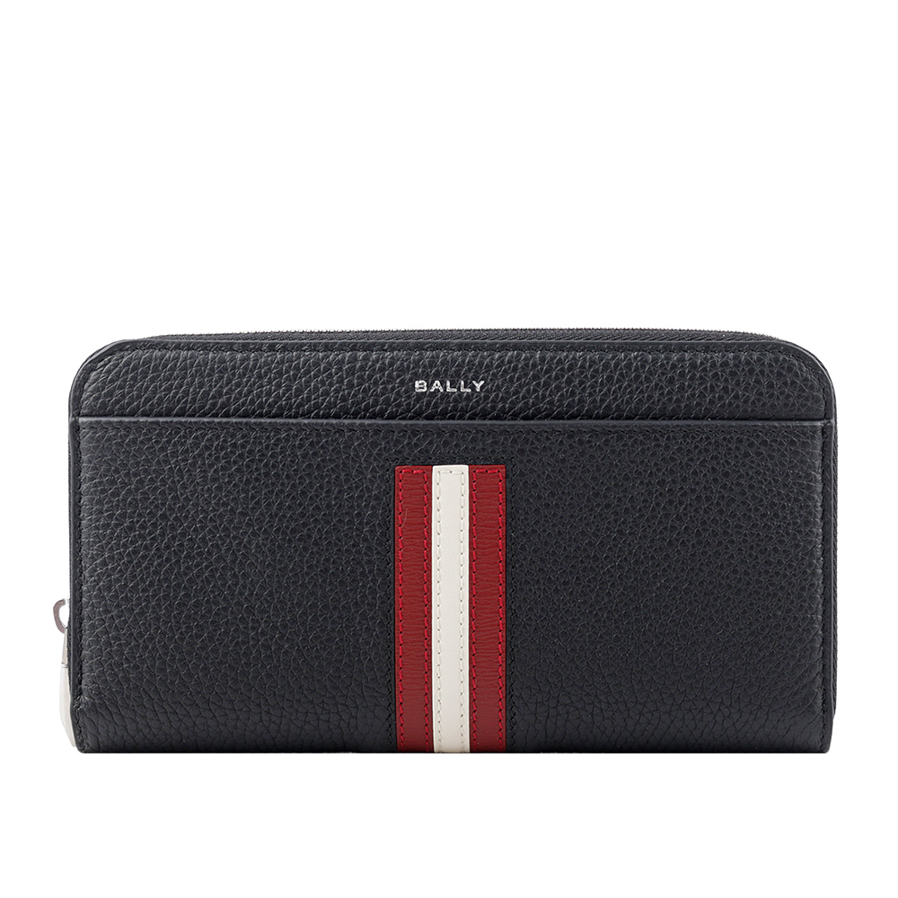 BALLY Ribbon 紅白條紋牛皮ㄇ形拉鍊長夾/黑色, , large