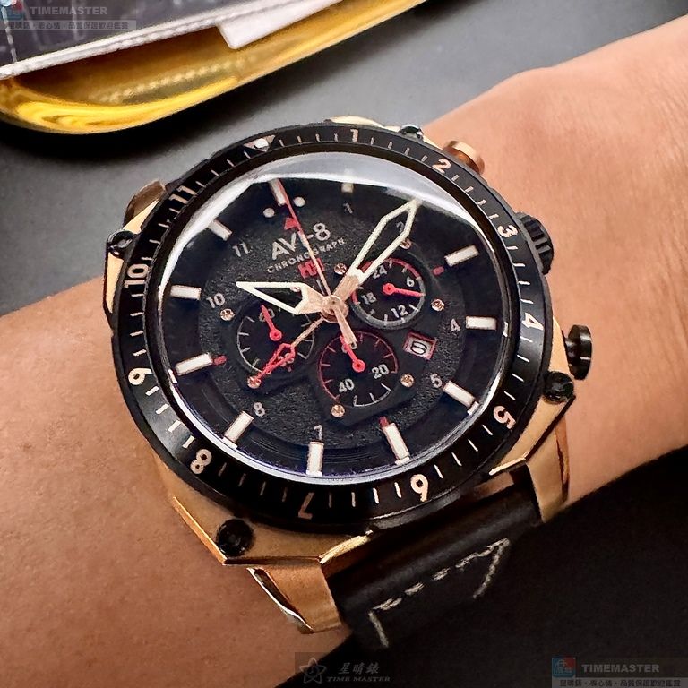 [星晴錶業]新品牌手錶,44mm,AV52662黑色錶面玫瑰金錶殼深黑色真皮皮革錶帶款, , large