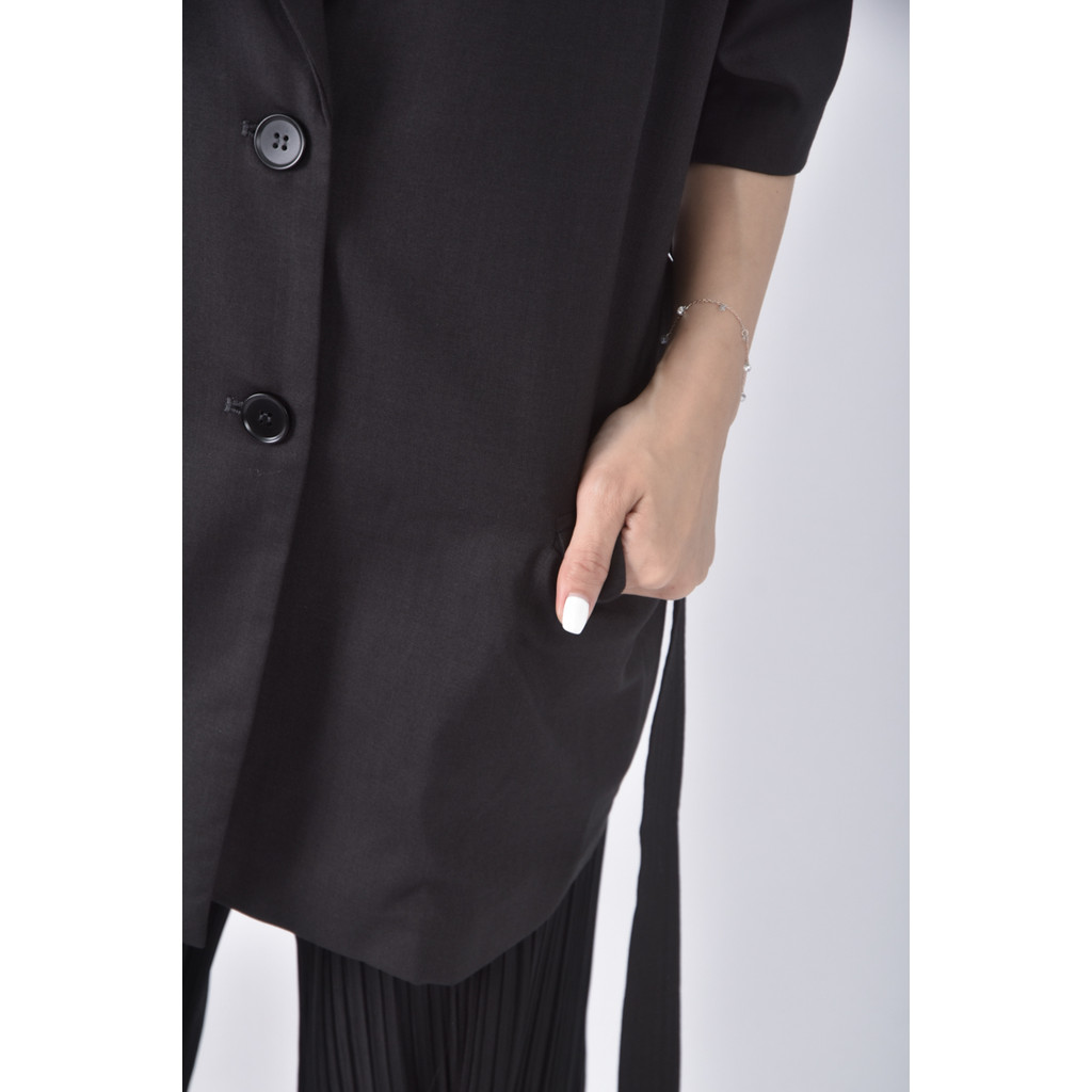 (L) 西裝棉質翻領排扣黑色綁帶外套二手衣, , large