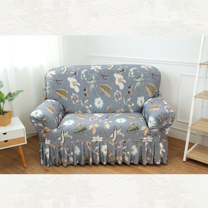 【格藍傢飾】涼感沙發套-迷蝶香 裙襬 抽繩專利 加大版 高品質 親膚透氣 冰絲沙發罩 沙發布套 彈力, , large