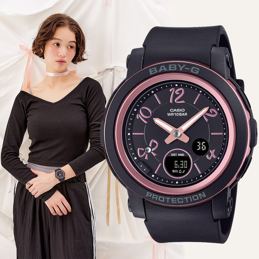 CASIO 卡西歐 BABY-G 緞帶雙顯女錶-黑/粉色 BGA-290RA-1A, , large