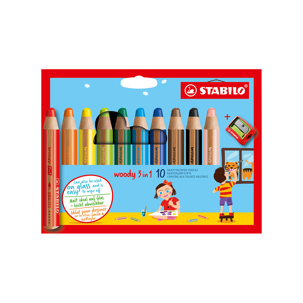 【STABILO】思筆樂 Woody 3合1多用途水彩粉蠟筆 10色附專用削筆器 / 組 880/10-2, , large