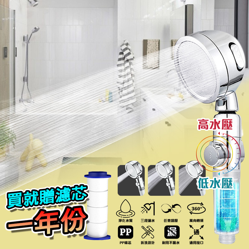 【G+居家】2組濾淨三檔增壓SPA萬向蓮蓬頭(本體內含+附濾心X5)贈水龍頭增壓省水起泡器