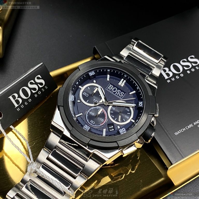[星晴錶業]BOSS手錶,46mm,HB1513360黑色錶面黑銀錶殼銀色精鋼錶帶款, , large