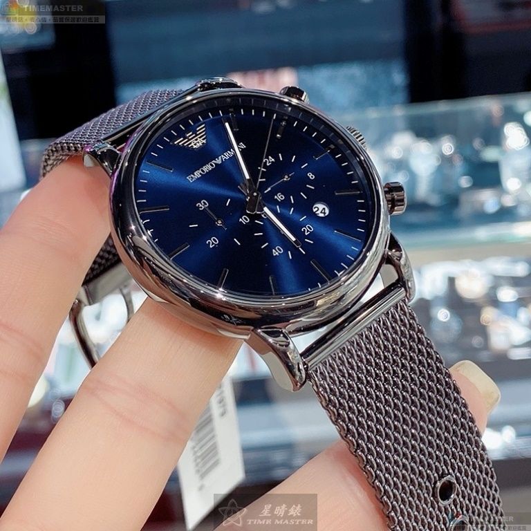 [星晴錶業]ARMANI手錶,44mm,AR00056寶藍色錶面黑錶殼鐵灰色米蘭錶帶款, , large