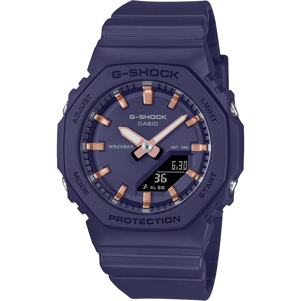 CASIO 卡西歐 G-SHOCK 優雅玫瑰金時標 八角雙顯手錶 520情人節 送禮-海軍藍 GMA-P2100M-2A