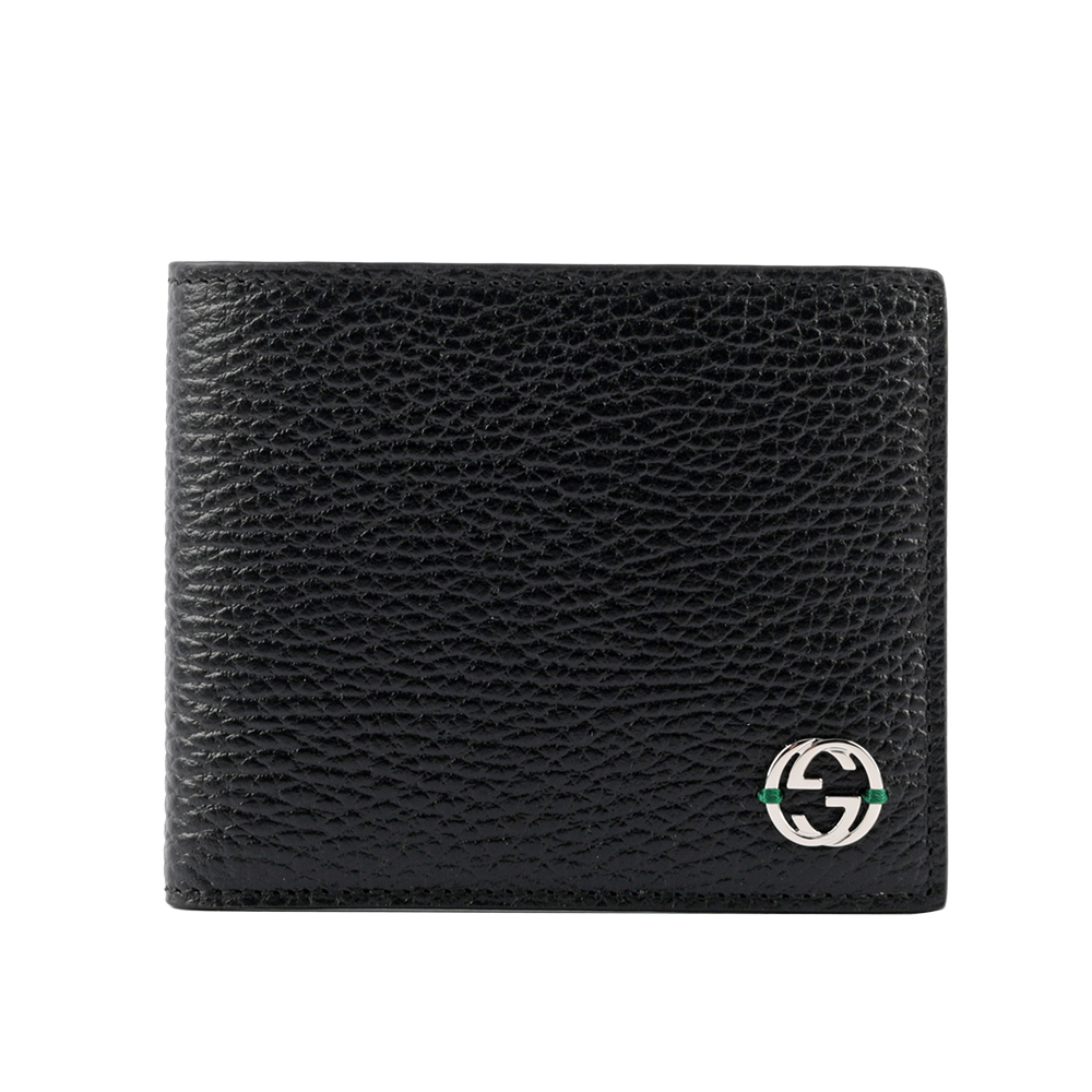 GUCCI 金屬縫線雙G Logo牛皮雙色6卡短夾/黑色/綠色, , large