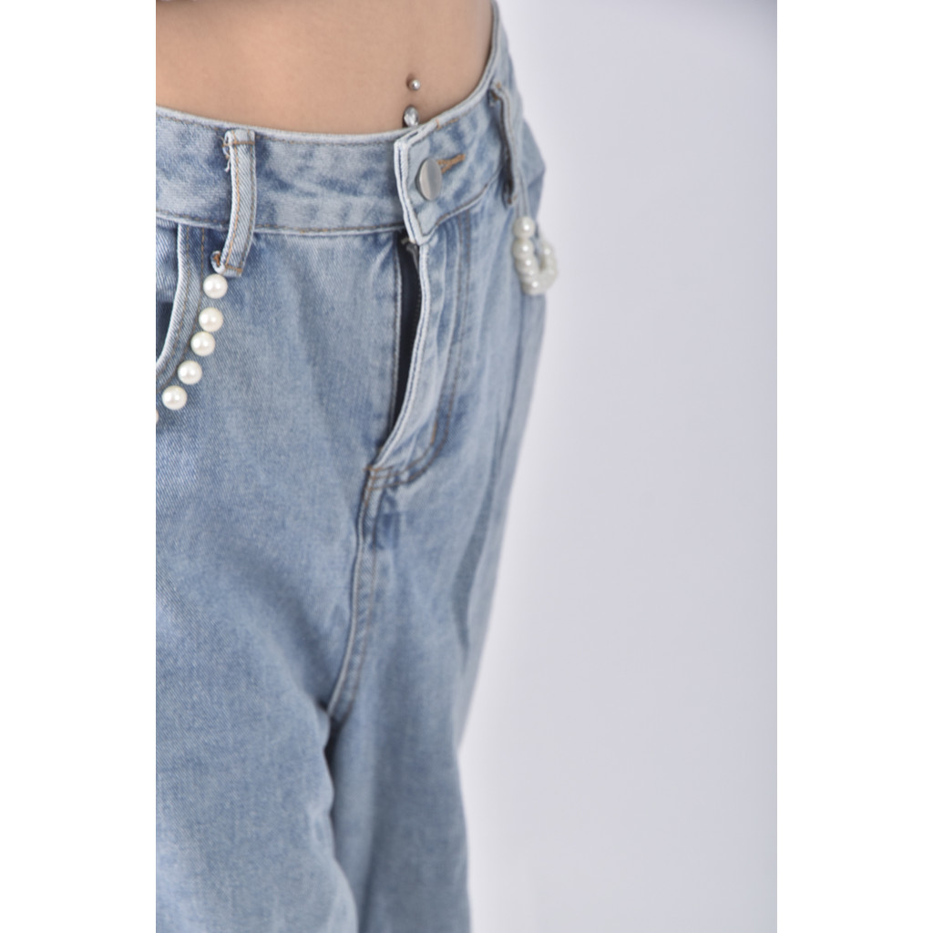 (L) 高腰丹寧牛仔珠珠藍色長褲二手衣, , large