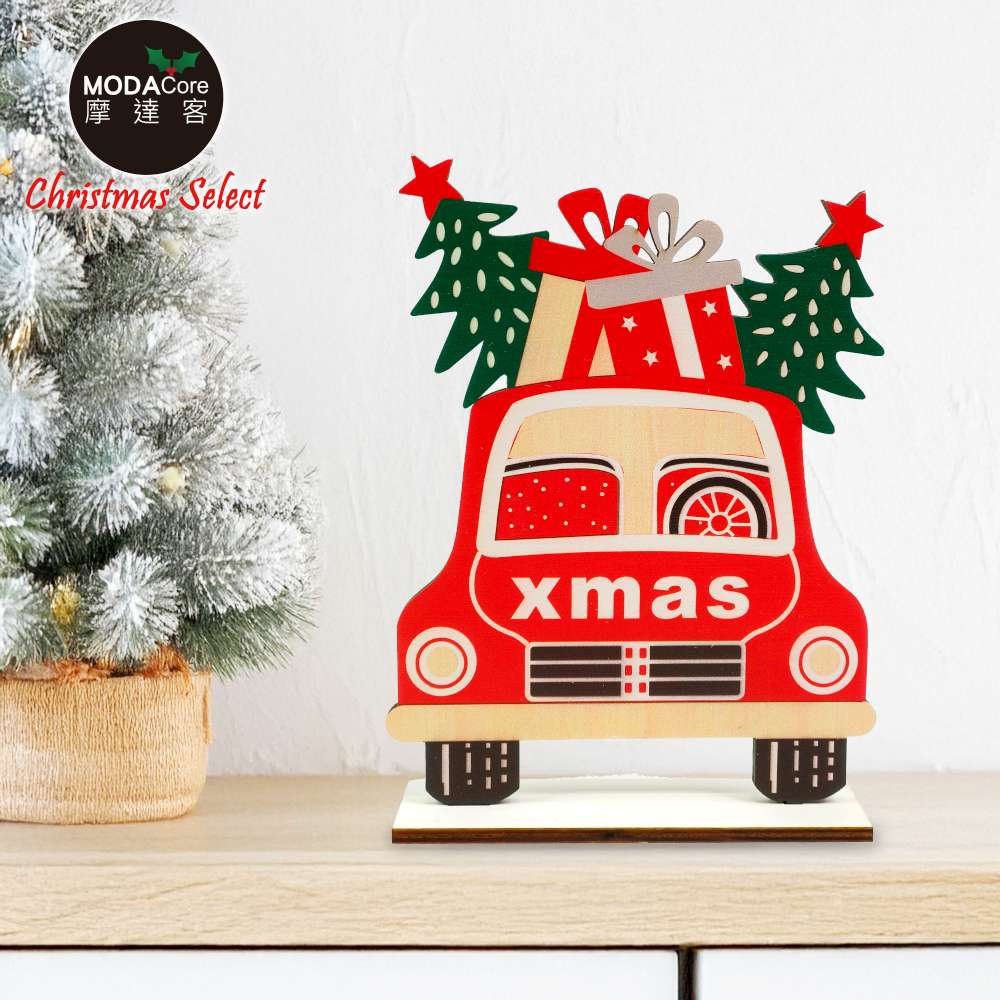 摩達客-聖誕彩繪木質擺飾-汽車聖誕樹款-交換禮物耶誕派對推薦