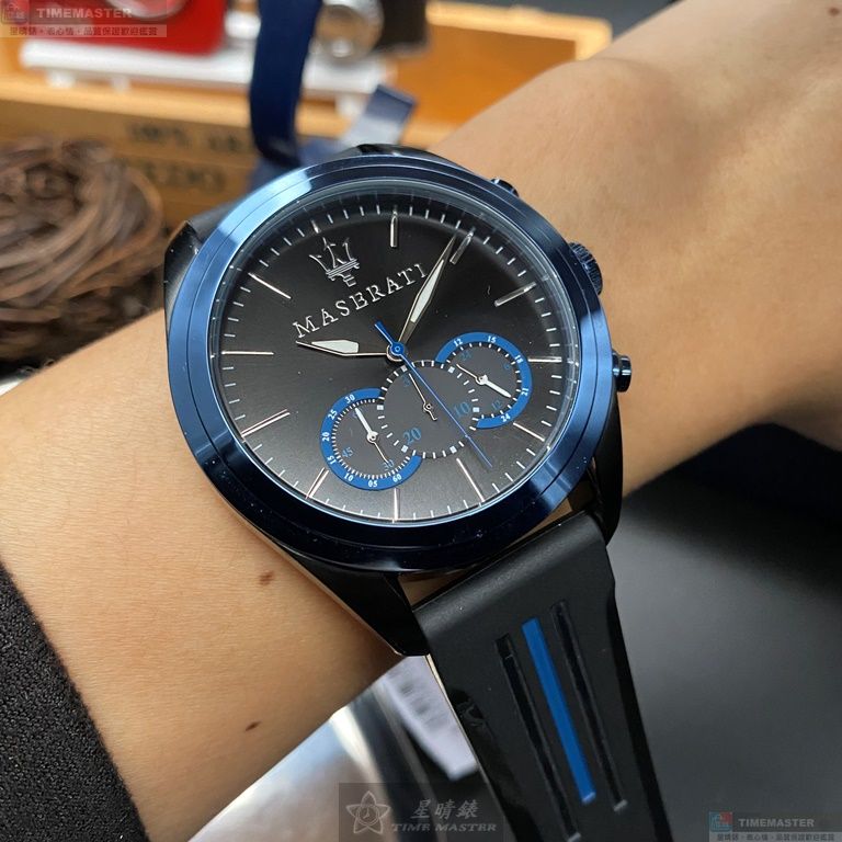 [星晴錶業]MASERATI手錶,46mm,R8871612006黑色錶面寶藍錶殼深黑色矽膠錶帶款, , large