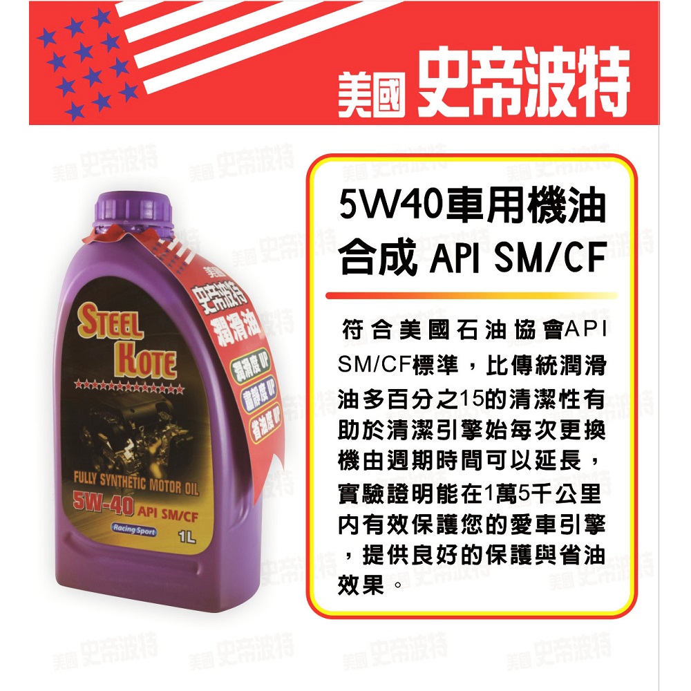 【STEEL KOTE美國史帝波特】美國史帝波特5W40車用機油一箱12入(全合成機油 車用機油), , large