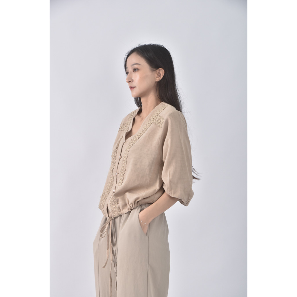 (S) hthp韓牌質感棉質Ｖ領杏色長袖上衣二手衣, , large
