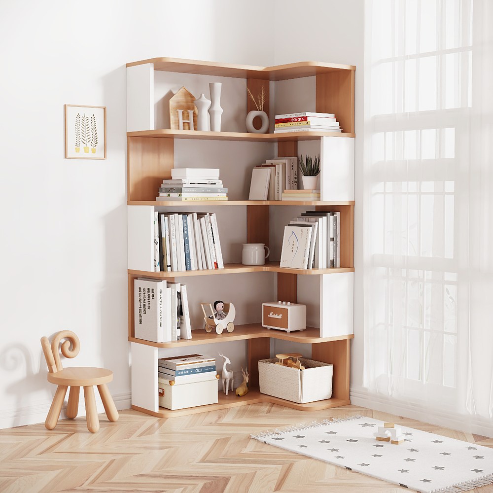 【樂樂】L型轉角簡約實用書架雙色原木+白色5層90x60(實木書架 層架 置物架 收納架), , large