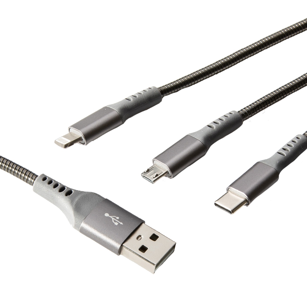 KTnet G48 3-in-1 Stainless Steel High Current Spring Cable 3.5A 1.2M Three-Interface Universal Stable Fast Charging, , large