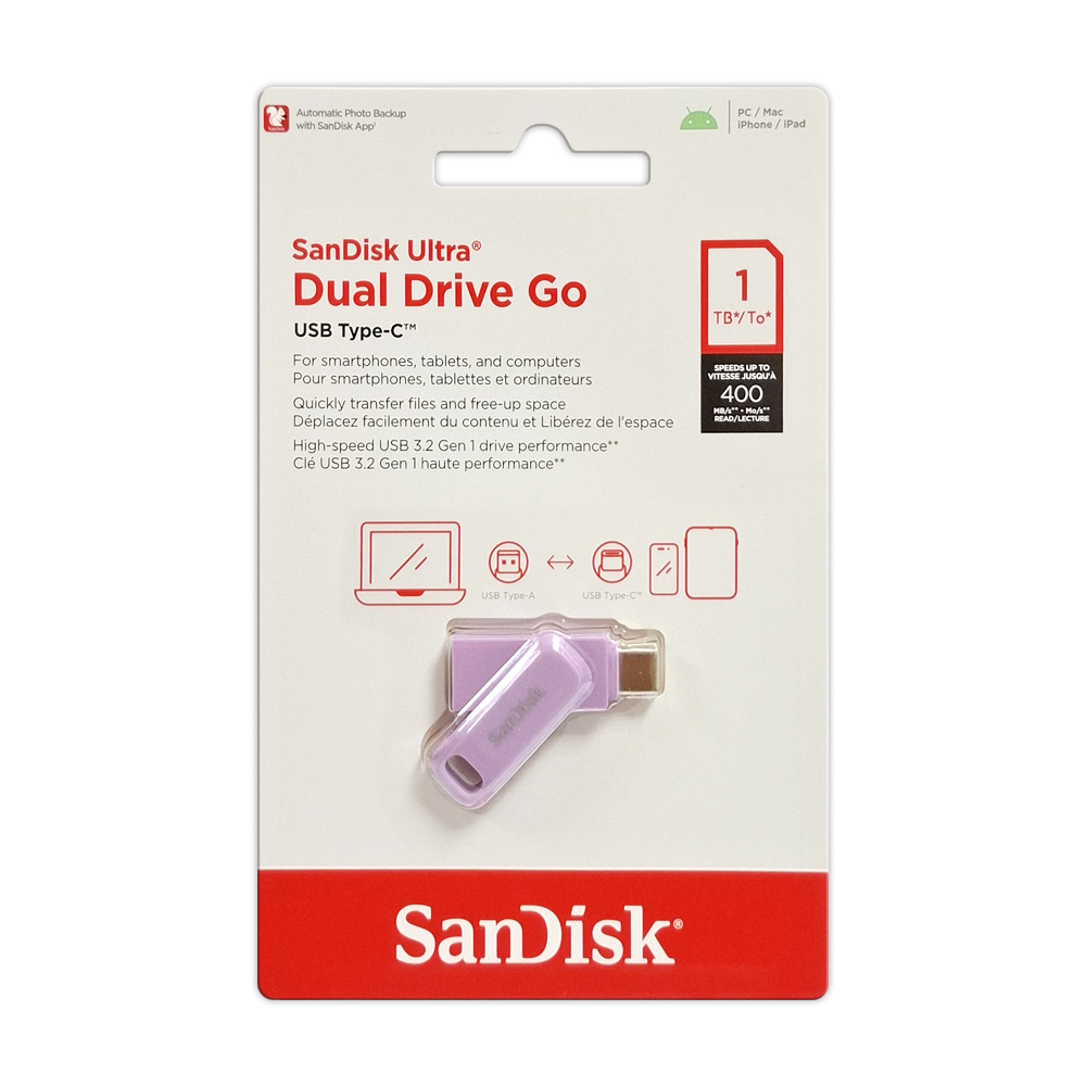 【SanDisk】Ultra GO 1TB 薰衣草紫 TYPE-C USB 3.2 雙用 OTG 旋轉隨身碟 讀取速度 400MB/s, , large