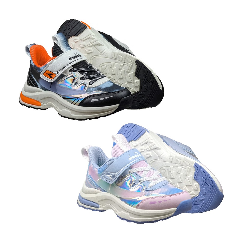 DIADORA迪亞多那 幻速輕量慢跑鞋 童運動鞋 童鞋 魔鬼氈 透氣 保護後跟 吸震 足弓支撐 抗菌 除臭 黑灰桔 藍粉, , large