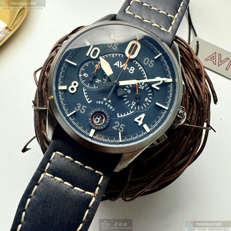 [星晴錶業]新品牌手錶,42mm,AV52668寶藍色錶面黑錶殼深黑色真皮皮革錶帶款