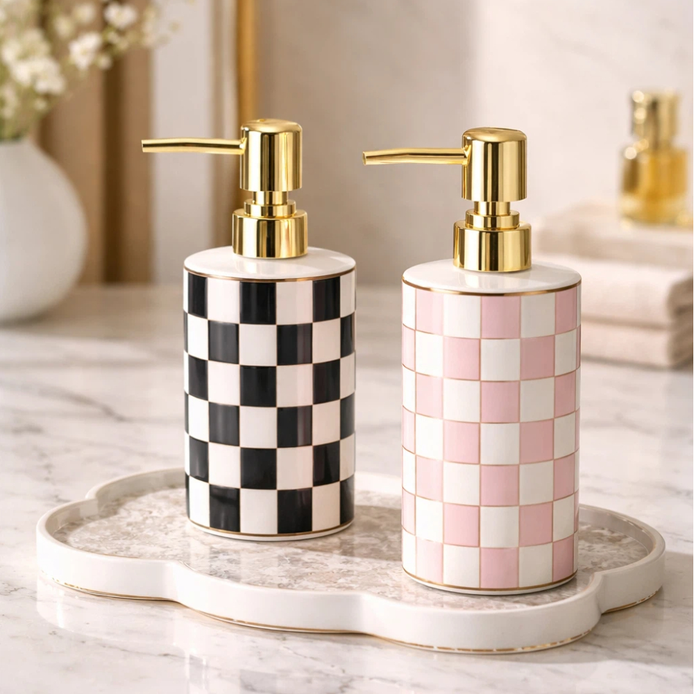 【A&R】復古棋盤格陶瓷洗護按壓瓶 300ML 兩色任選, , large