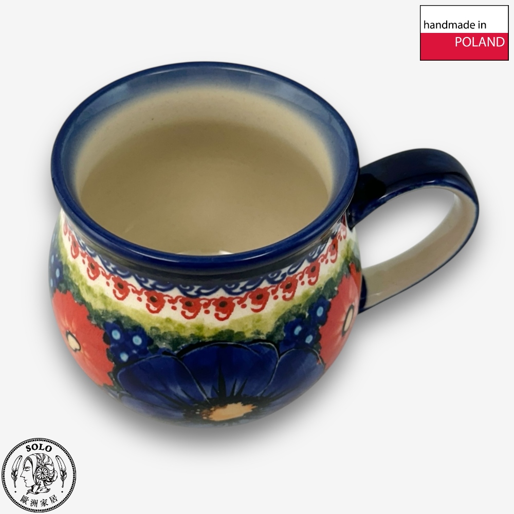 【SOLO Vintage】Cerraf Polish Pottery 350ml Mug Red and Blue Blossoming Elegance Series Made in Poland, , large