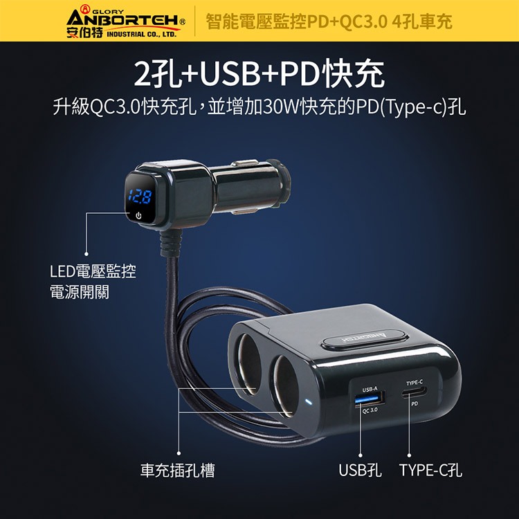 台灣現貨【安伯特】酷電大師 智能電壓監控PD+QC3.0 4孔車充 2孔+USB+PD(國家認證 一年保固)R37531, , large