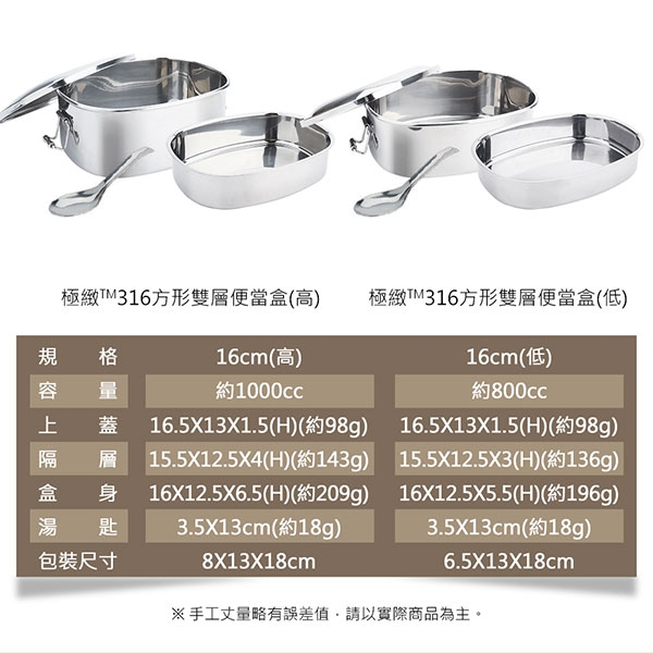 PERFECT 理想牌 極緻316不鏽鋼方形雙層便當盒 16m低-Leidea樂德兒, , large