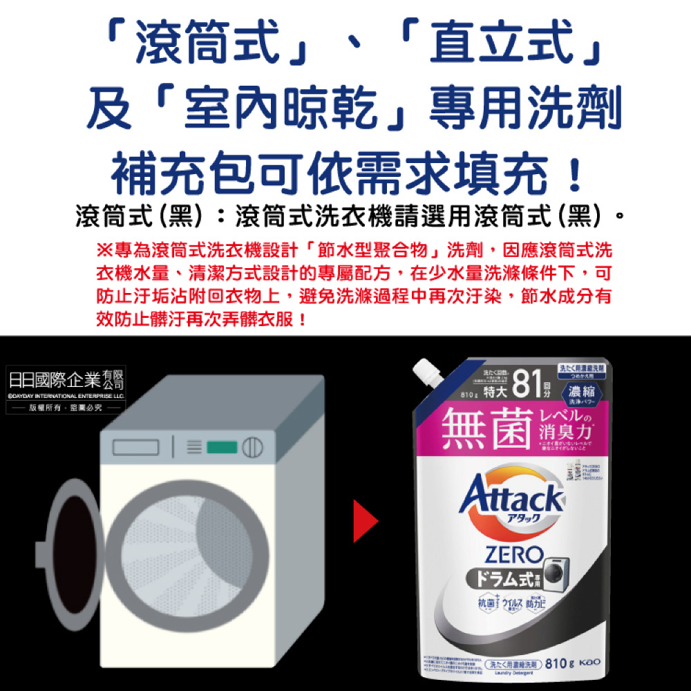 [日日好物]日本KAO花王-Attack ZERO極淨超濃縮洗衣精補充包810g/袋-直立式洗衣機專用(白)(最高清潔力Bio IOS洗淨因子,衣物除臭香氛,直立式/滾筒式/室內晾曬消臭), , large