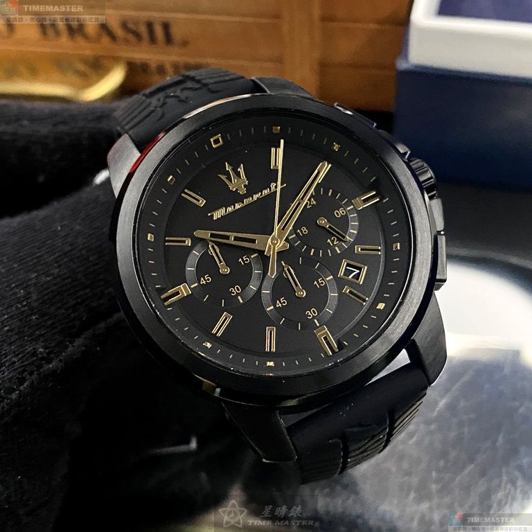 [星晴錶業]MASERATI手錶,44mm,R8871621011黑色錶面黑錶殼深黑色矽膠錶帶款, , large