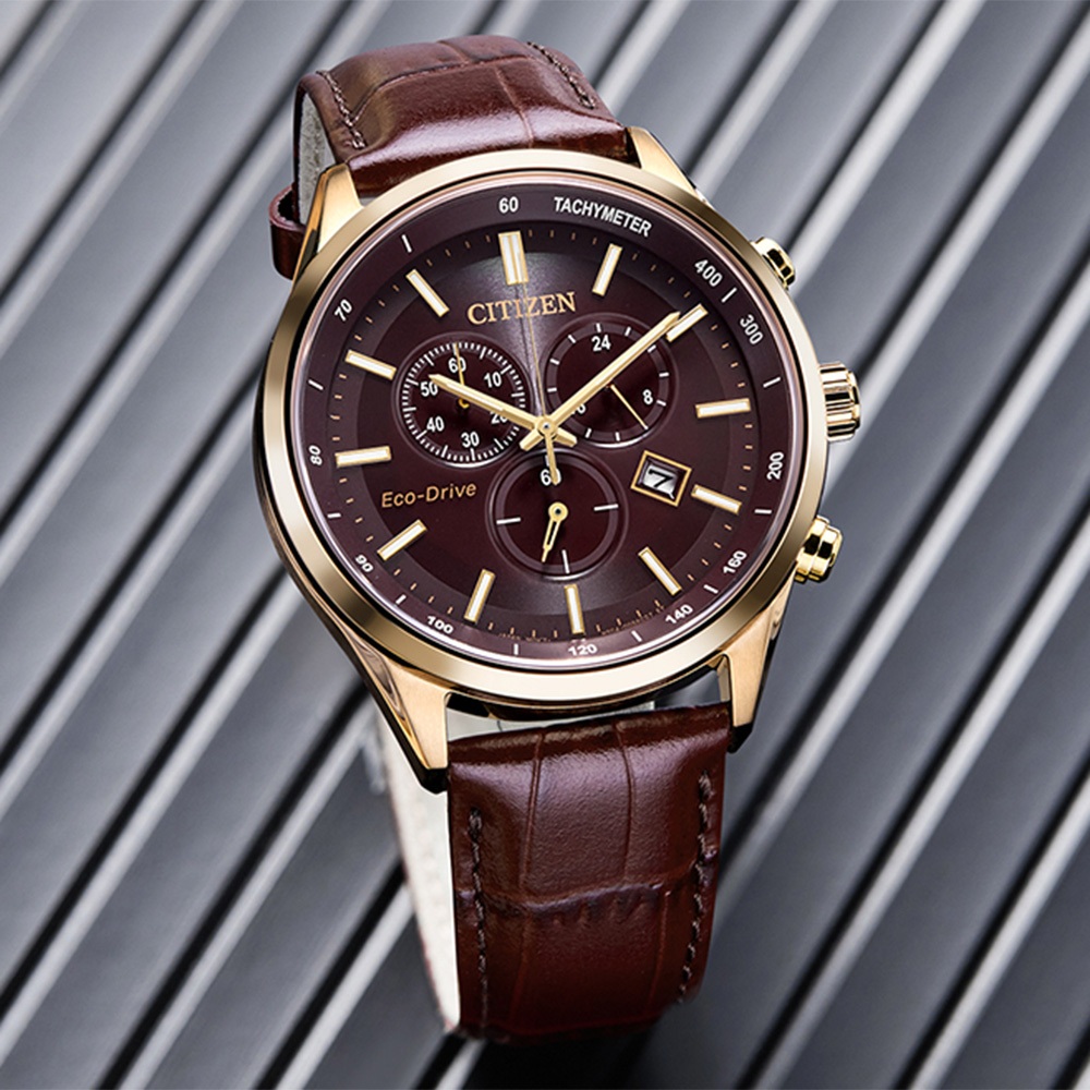 CITIZEN 星辰 亞洲限定款 光動能三眼計時手錶 送禮-咖啡x玫瑰金/42mm AT2573-07X, , large